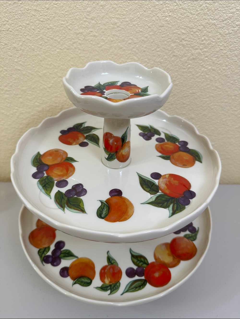 PartyLite Harvest Tiered Candle Holder P7629 with Orange & Purple Fruit Motif